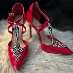 Red Stiletto Heels with Gemmed Snake Detail
